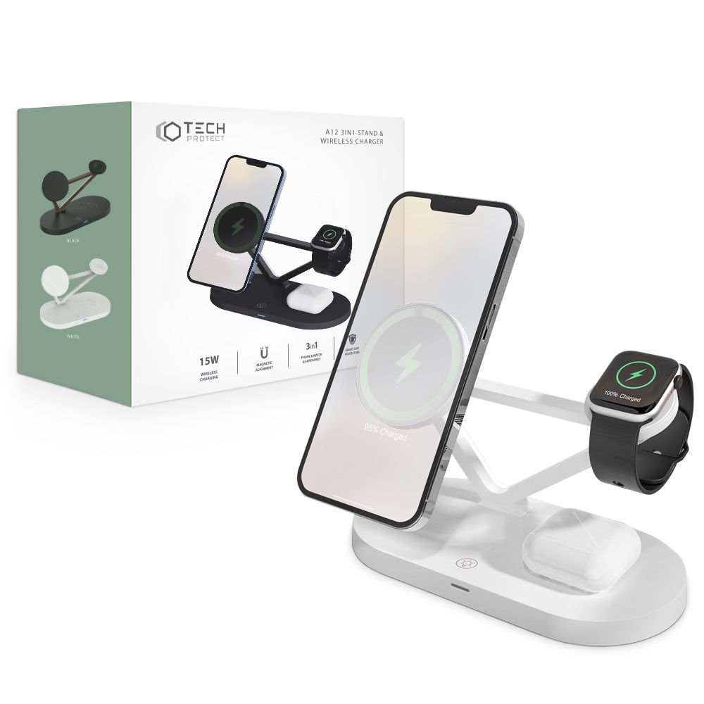 win fell taxi Statie incarcare wireless Tech-Protect A13 3 in 1 pentru iPhone, Apple  Watch, AirPods, Magnetic MagSafe, alb