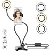 Suport flexibil universal pentru telefon cu lumina led circulara - Sistem 2 in 1 pentru selfie, video-call, negru