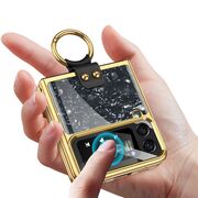 Husa pentru Samsung Galaxy Z Flip 4 anti shock cu inel si protectie camera, white/gold