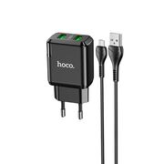 Incarcator Priza 2xUSB-A, Q.C 3.0, 18W, 3.0A + Cablu Micro-USB 1mHoco, N6 Charmer, Negru