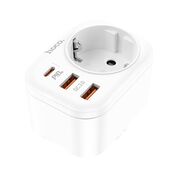 Incarcator fast charge pentru priza 2 x USB 3.0 QC 20W, 1 x USB-C PD 18W, 1 x Shucko, incarcator Type-C Hoco NS3, alb