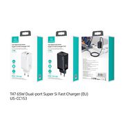 Incarcator Fast Charge Dual Ports, USB si Type-C, PD, 65W, pentru telefon si laptop, Usams T47, negru