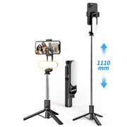 Selfie stick cu trepied telescopic si lampa LED detasabila, wireless bluetooth, unghi de inclinare reglabil, inaltime reglabila pana la 111 cm, negru