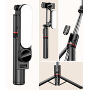 Selfie stick cu trepied telescopic si lampa LED detasabila, wireless bluetooth, unghi de inclinare reglabil, inaltime reglabila pana la 111 cm, negru