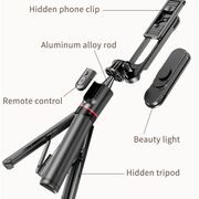 Selfie stick cu trepied telescopic si lampa LED detasabila, wireless bluetooth, unghi de inclinare reglabil, inaltime reglabila pana la 111 cm, negru