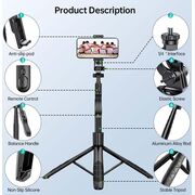 Selfie stick / Trepied Foto Telescopic Profesional 4D, pentru telefon, camera foto, Action Camera / GoPro cu telecomanda Bluetooth, balance shot, universal, reglabil, inaltime 34-153cm cu tija din aluminiu, negru