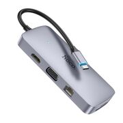 Dock USB-C Hoco HB33, Type-C la USB3.0, 2xUSB2.0, HDMI, RJ45, SD/TF Card, Type-C, VGA, Aux - Metal Gray