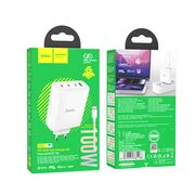 Incarcator priza 3xtip C, USB Hoco N31 + cablu tip C, 100W, alb