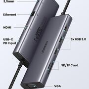 Hub Docking Station 10 in 1 Ugreen de la USB-C la 1 x Type-C, 3 x USB, HDMI, RJ45, Jack 3.5mm, VGA, TF, SD Card - Gray