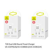 Incarcator de priza dual USB Usams T20, 2.1A, alb, US-CC080
