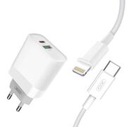 Set incarcator iPhone fast charge pentru priza XO plus cablu de incarcare PD, USB-C - Lightning (iPhone) 20W, alb