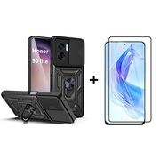 Pachet 360: Folie din sticla + Husa pentru Honor 90 Lite Ring Armor Kickstand Tough Rugged Cover cu protectie camera (negru)
