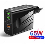 Incarcator priza 65W Fast Charge cu 5 porturi, 3 x USB 3.0, 2 x USB Type C, compatibil telefoane si tablete, negru