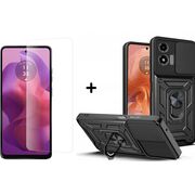 Pachet 360: Folie din sticla + Husa pentru Motorola Moto E14 cu inel Ring Armor Kickstand Tough, protectie camera (negru)