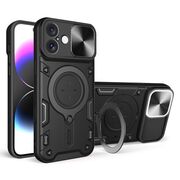 Husa pentru  iPhone 16 cu protecție pentru cameră și suport magnetic integrat Ring Shockproof, negru