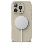 Husa premium pentru iPhone 16 Pro Max Silicone Magnetic compatibila MagSafe captusita cu microfibra - crem