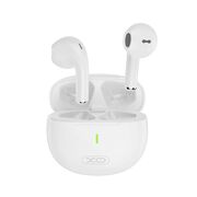 Căști Bluetooth wireless TWS stereo albe XO X26, cu husă de silicon neagră si cutie de incarcare