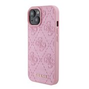 Husa pentru  iPhone 15 Guess - Leather 4G Triangle Strass - roz