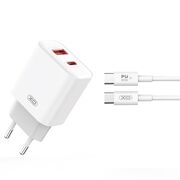 Set incarcator pentru Samsung, Oppo, Realme, Xiaomi, Honor Fast Charge pentru priza XO L64 20W plus cablu USB type-C - type-C, 1 x USB QC3.0,  1 x PD USB-C, alb