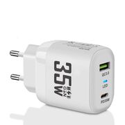 Încărcător de priza GaN, 1 x USB QC3.0, 1 x USB Type-C PD 35W, Quick Charge, Indicator LED, Compact și Universal - alb