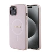 Husa premium pentru  iPhone 15 compatibila MagSafe Guess Luxury Series - Roz pal