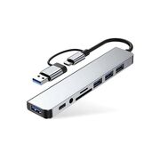 Adaptor HUB 8 in 1 de la USB Tip-C sau USB 2.0 la 2 x USB 3.0, 2 x USB 2.0, 1 x USB-C (Date), Cititor card SD/MicroSD, Jack Audio 3.5mm – Design Premium, compatibil laptop Lenovo, Dell, HP, Asus, Acer, Apple MacBook Air/Pro, Chromebook, tableta, silver gr