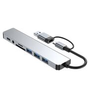 Adaptor HUB 8 in 1 de la USB Tip-C sau USB 2.0 la 2 x USB 3.0, 2 x USB 2.0, 1 x USB-C (Date), Cititor card SD/MicroSD, Jack Audio 3.5mm – Design Premium, compatibil laptop Lenovo, Dell, HP, Asus, Acer, Apple MacBook Air/Pro, Chromebook, tableta, silver gr