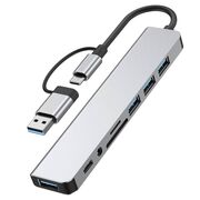 Adaptor HUB 8 in 1 de la USB Tip-C sau USB 2.0 la 2 x USB 3.0, 2 x USB 2.0, 1 x USB-C (Date), Cititor card SD/MicroSD, Jack Audio 3.5mm – Design Premium, compatibil laptop Lenovo, Dell, HP, Asus, Acer, Apple MacBook Air/Pro, Chromebook, tableta, silver gr