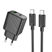 Set incarcator rapid pentru priza universal pentru iPhone, Samsung, Oppo, Honor fast charge PD 30W si QC 3.0, 1 x USB, 1 x USB Tip-C, cu cablu USB-C la USB-C 1m, Hoco, negru