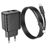 Set incarcator rapid pentru priza universal pentru iPhone, Samsung, Oppo, Honor fast charge PD 30W si QC 3.0, 1 x USB, 1 x USB Tip-C, cu cablu USB-C la USB-C 1m, Hoco, negru