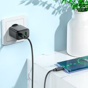 Set incarcator rapid pentru priza universal pentru iPhone, Samsung, Oppo, Honor fast charge PD 30W si QC 3.0, 1 x USB, 1 x USB Tip-C, cu cablu USB-C la USB-C 1m, Hoco, negru