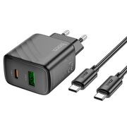 Set incarcator rapid pentru priza universal pentru iPhone, Samsung, Oppo, Honor fast charge PD 30W si QC 3.0, 1 x USB, 1 x USB Tip-C, cu cablu USB-C la USB-C 1m, Hoco, negru