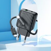 Set incarcator rapid pentru priza universal pentru iPhone, Samsung, Oppo, Honor fast charge PD 30W si QC 3.0, 1 x USB, 1 x USB Tip-C, cu cablu USB-C la USB-C 1m, Hoco, negru