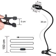 Lampa LED Inelara cu Brat Flexibil si Clema pentru prindere – 3 Culori de Lumina, 10 Niveluri de Intensitate, Control pe Fir, Alimentare USB, Negru