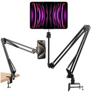 Suport reglabil pentru birou, compatibil cu telefoane si tablete de 4”–11”, brate extensibile, cap rotativ 360°, design compact - negru
