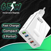 Set Incarcator priza 65W Fast Charge cu 5 porturi, 3 x USB 3.0, 2 x USB Type C, compatibil telefoane si tablete + cablu incarcare USB Type-C la USB Type-C 1m, alb