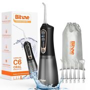 Irigator Bucal portabil Bitvae EasyClean, 15 Combinatii de Curatare, 6 Duze Jet, 300ml, IPX7, Water Pressure 130PSI, 40 Zile Autonomie, acumulator reincarcabil USB, husa de transport – Ideal pentru ingrijire Ortodontica si gingii sensibile - negru