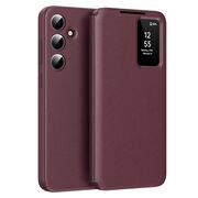 Husa pentru  Samsung Galaxy A55 Smart Window View Tip Carte – Design Premium, Vizualizare Inteligenta, Protectie 360°, Card Slot, Textura Mata Eleganta - Bordeaux