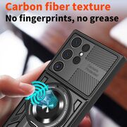 Husa pentru  Samsung Galaxy S24 Ultra TitanX HaloStand Pro cu Inel Pivotant Magnetic 360° & Kickstand, Textura Carbon, protectie lentile - Albastru