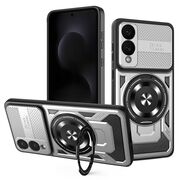 Husa pentru  Samsung Galaxy S25 Edge TitanX HaloStand Pro cu Inel Pivotant Magnetic 360° & Kickstand, Textura Carbon, protectie lentile - Gri