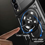 Husa pentru  Samsung Galaxy S25 Edge TitanX HaloStand Pro cu Inel Pivotant Magnetic 360° & Kickstand, Textura Carbon, protectie lentile - Gri