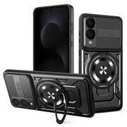 Husa pentru  Samsung Galaxy S25 Edge TitanX HaloStand Pro cu Inel Pivotant Magnetic 360° & Kickstand, Textura Carbon, protectie lentile - Negru