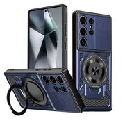 Husa pentru  Samsung Galaxy S25 Ultra TitanX HaloStand Pro cu Inel Pivotant Magnetic 360° & Kickstand, Textura Carbon, protectie lentile - Albastru