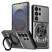 Husa pentru  Samsung Galaxy S25 Ultra TitanX HaloStand Pro cu Inel Pivotant Magnetic 360° & Kickstand, Textura Carbon, protectie lentile - Gri