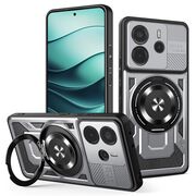 Husa pentru  Xiaomi Redmi Note 14 5G TitanX HaloStand Pro cu Inel Pivotant Magnetic 360° & Kickstand, Textura Carbon, protectie lentile - Gri