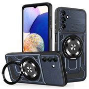 Husa pentru  Samsung Galaxy A14 4G, 5G TitanX HaloStand Pro cu Inel Pivotant Magnetic 360° & Kickstand, Textura Carbon, protectie lentile - Albastru