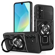 Husa pentru  Samsung Galaxy A16 TitanX HaloStand Pro cu Inel Pivotant Magnetic 360° & Kickstand, Textura Carbon, protectie lentile - Negru