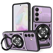 Husa pentru  Samsung Galaxy A35 TitanX HaloStand Pro cu Inel Pivotant Magnetic 360° & Kickstand, Textura Carbon, protectie lentile - Mov
