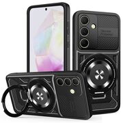 Husa pentru  Samsung Galaxy A35 TitanX HaloStand Pro cu Inel Pivotant Magnetic 360° & Kickstand, Textura Carbon, protectie lentile - Negru