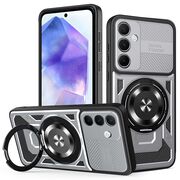 Husa pentru  Samsung Galaxy A55 TitanX HaloStand Pro cu Inel Pivotant Magnetic 360° & Kickstand, Textura Carbon, protectie lentile - Gri